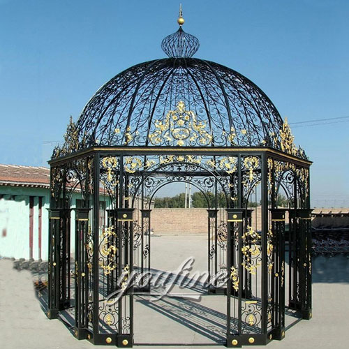 Outdoor large round wrought iron screened metal roof black gazebo for sale