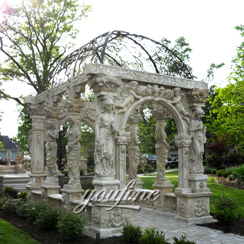 Outdoor Garden sculpture natural stone gazebo with lady statues for sale