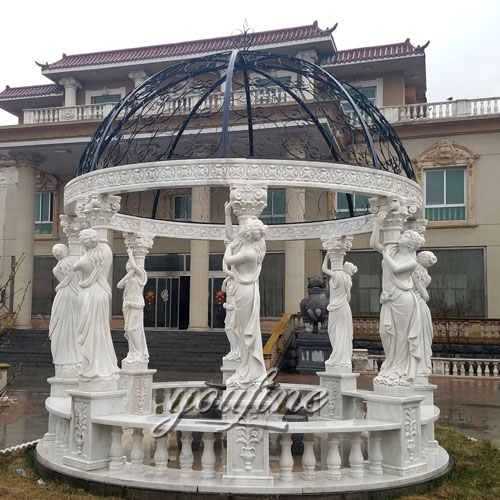 White marble gazebo with lady statue carving for garden decor