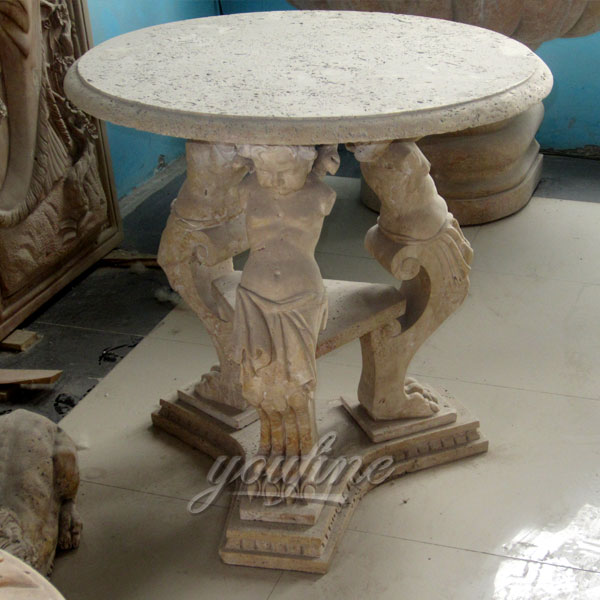 Antique beige marble table with little boy statue decor for sale