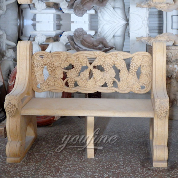 Hand carved beige marble antique garden bench with grape decor for sale