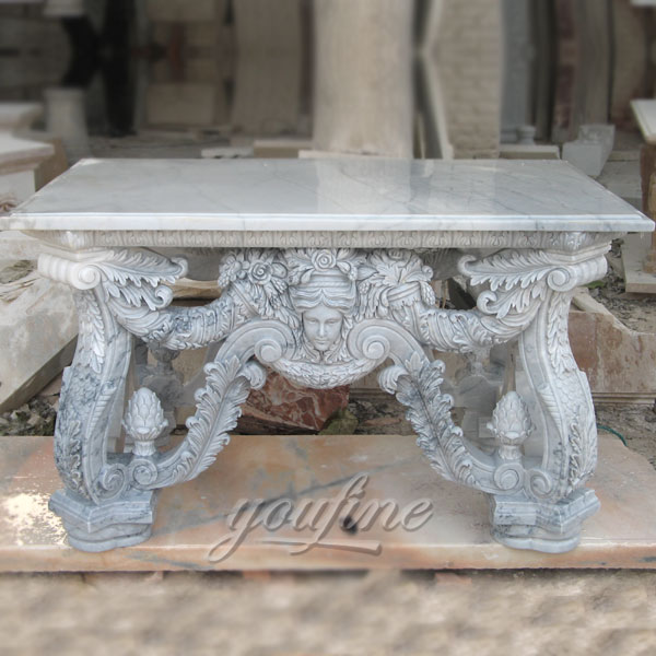 Hand carved natural white marble table with floral decor for outdoor garden