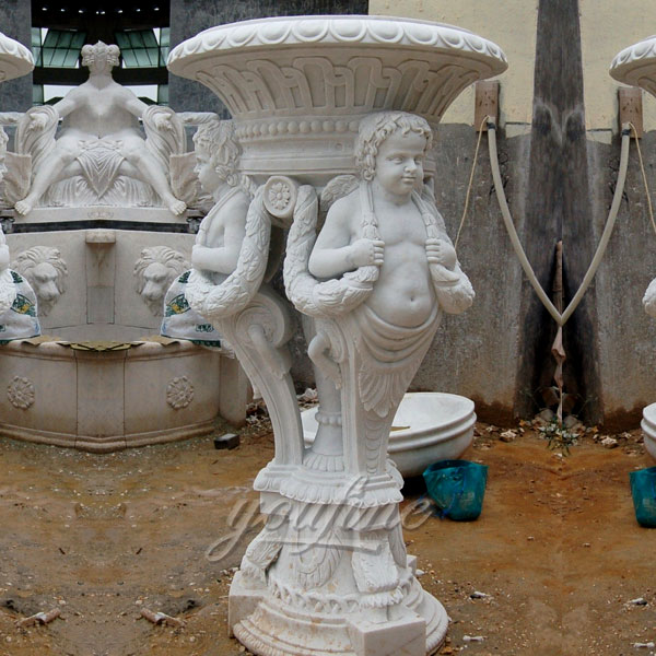 Large white marble garden planters with figure decoration for sale