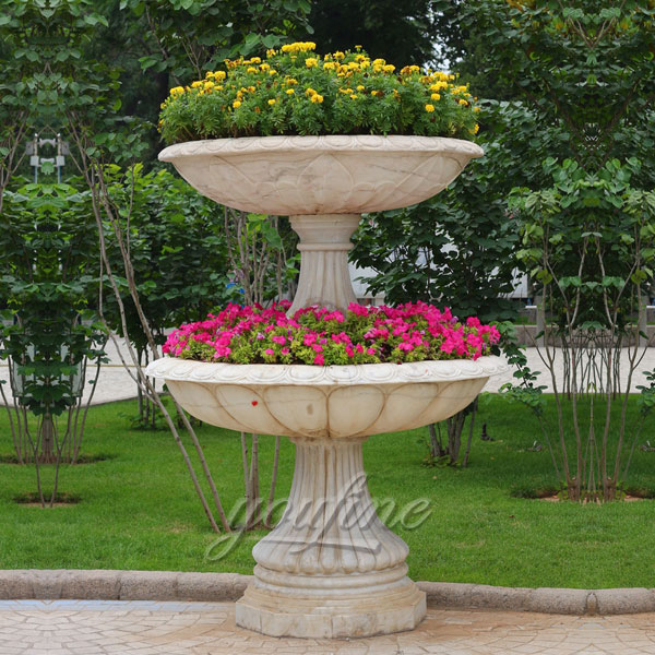 Large white marble tiered planter for garden
