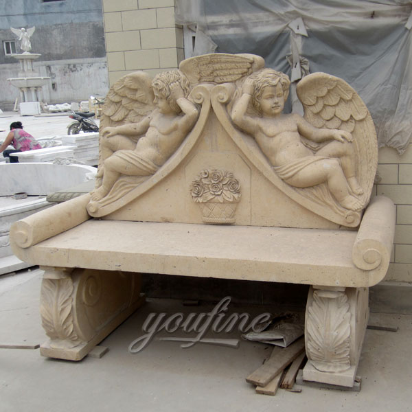 Outdoor garden beige marble bench with angle in pairs decor for sale