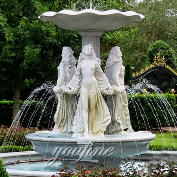 Outdoor garden decor tiered antique marble water fountain with beautiful lady hold hands for sale