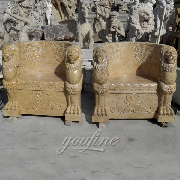 Outdoor hand carved natural marble chair in pairs with lion head decoration for sale