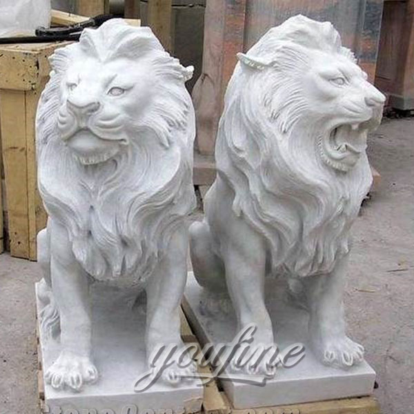 Outdoor white Marble Lion Stone Statues in pairs for sale