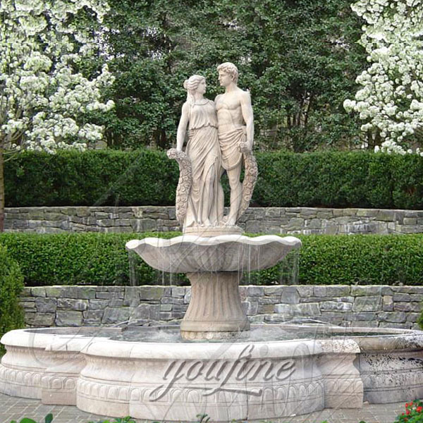 Outdoor large beige marble garden fountain with young couples for sale