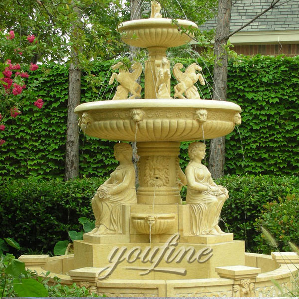 outdoor large tiered marble fountain with horse and sitting woman for garden decoration