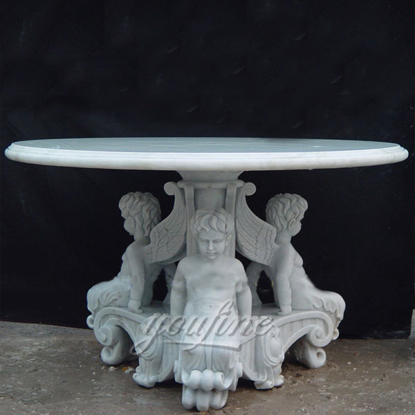 Pure white marble round desk with sitting boy statues for garden decor