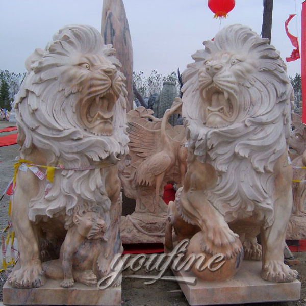 Roaring lions statues pair stone animal statue for front porch