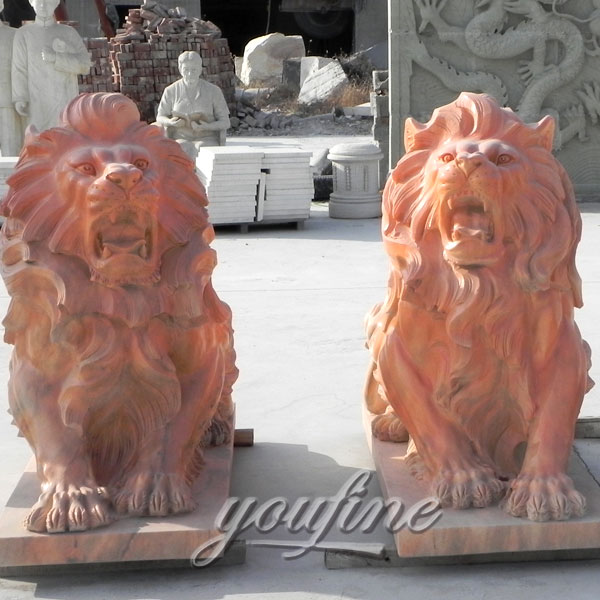 Decorative Hand Carved Beige Marble garden Lion Sculptures