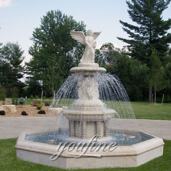 large white marble waterfall fountain with angel statue for outdoor garden