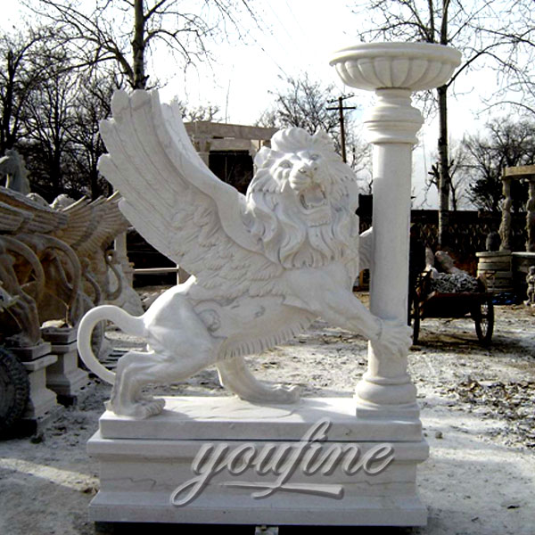 Outdoor large white marble flying lions with columns for interior decorations